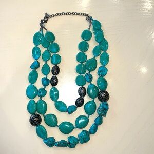 Chico’s triple strand faux turquoise and silver toned large beaded necklace